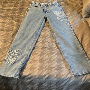 PacSun Light Blue Straight Leg Jeans with Butterfly Detail